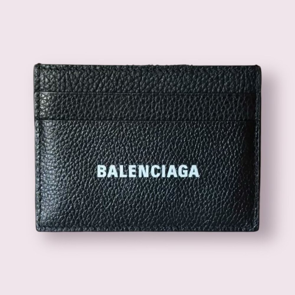 NWOT Balenciaga Black Pebbled Leather Card Holder | Logo Print